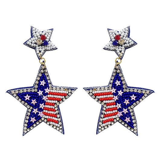 Seed Beaded USA Flag Star Earring - Sequin Design