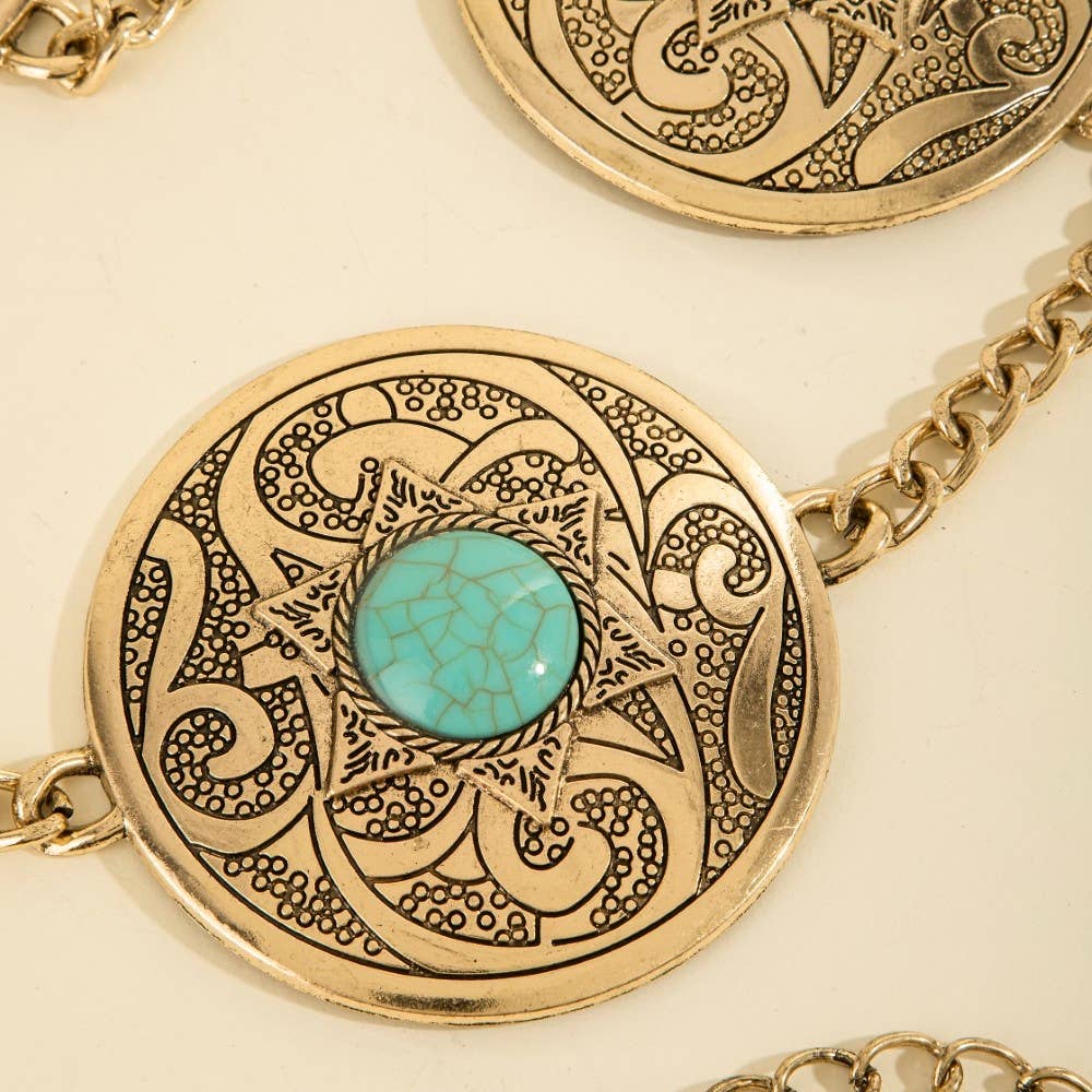 Stone Stud Western Engraved Disc Chain Belt