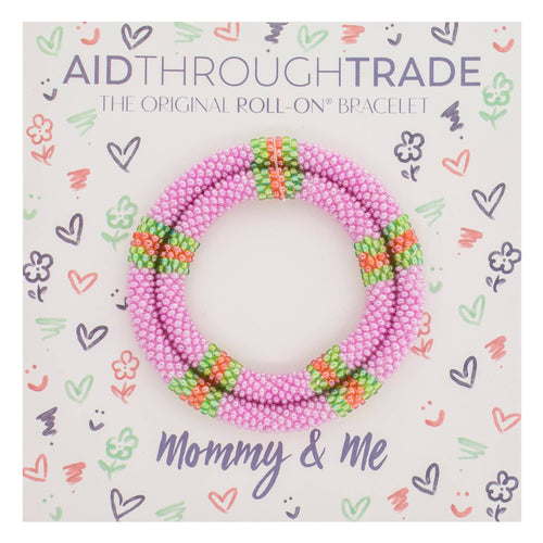 A hot pink, orange, and green striped roll-on bracelet featuring a large size for mom and a small size for daughter.