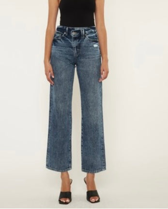A pair of cropped, dark-wash jeans with a high waist and flair fit.