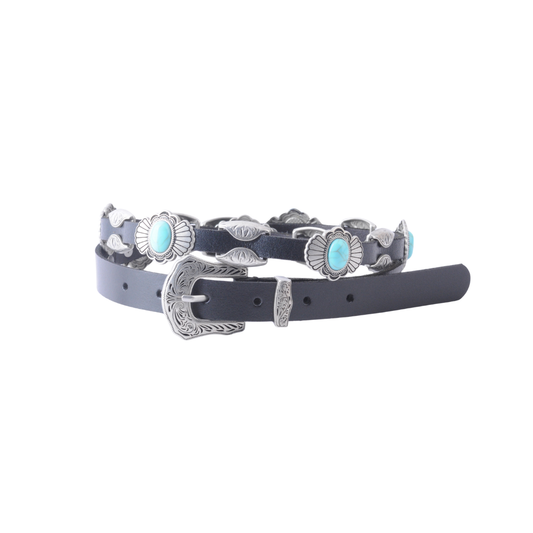 Western Concho Leather Belt with Oval Turquoise Stones
