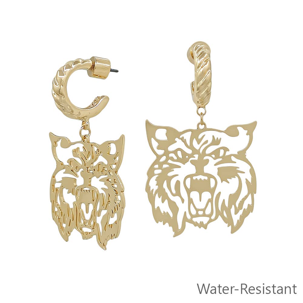 Gold Open Cut out Wildcat with Twisted Huggie Hoop 2" Earring