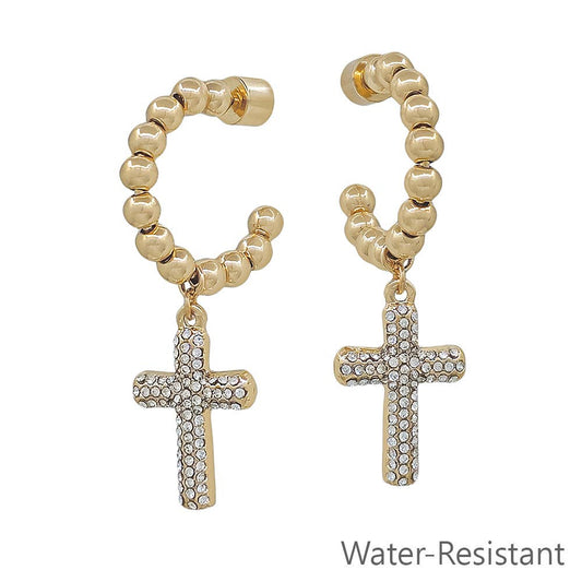 Water Resistant Gold Beaded with Rhinestone Cross 1.5" Hoop Earring