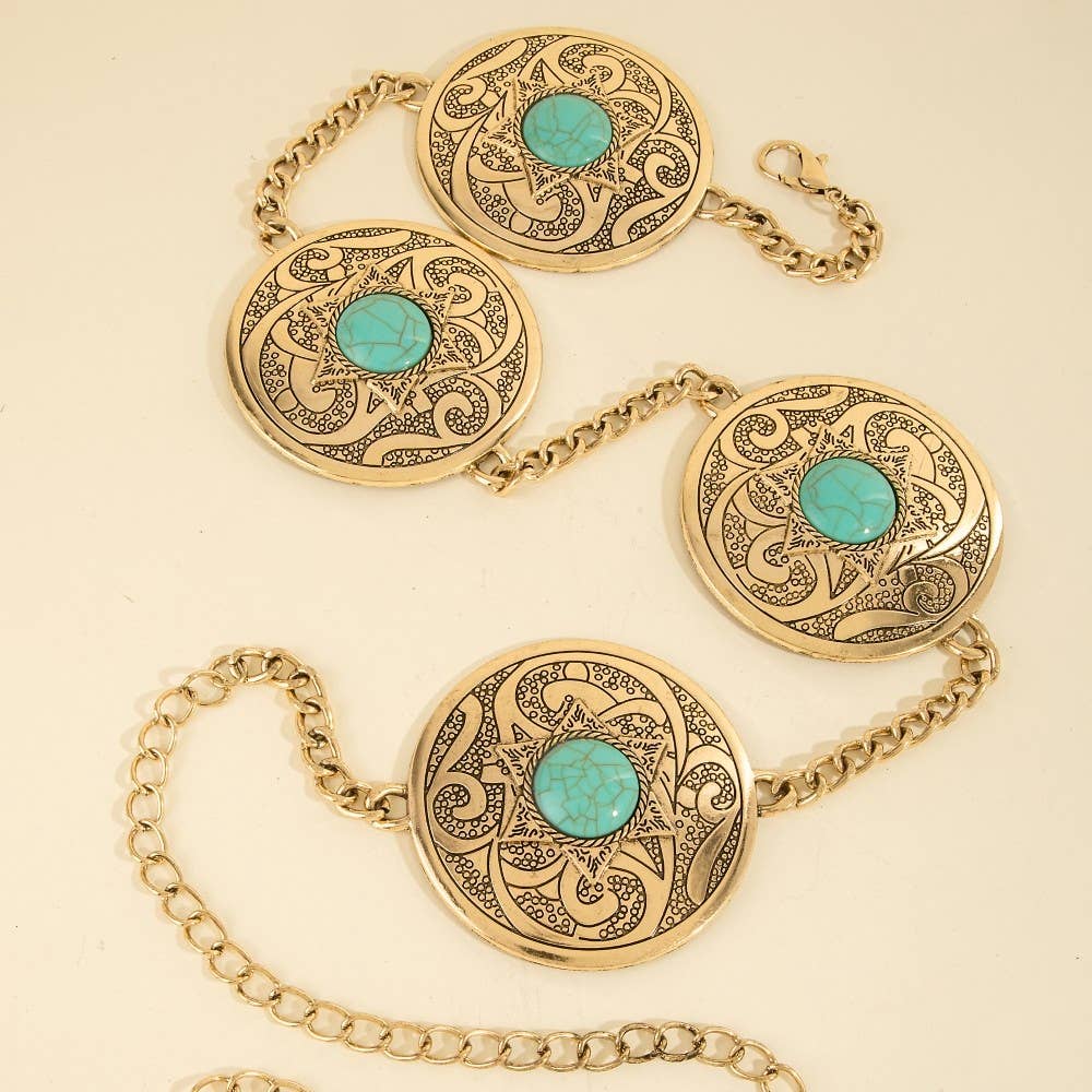 Stone Stud Western Engraved Disc Chain Belt