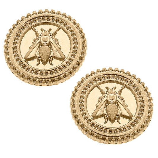 Lizette Bee Medallion Stud Earrings in Worn Gold