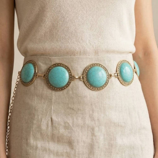 Large Western Concho Round Turquoise Stone Chain Belt