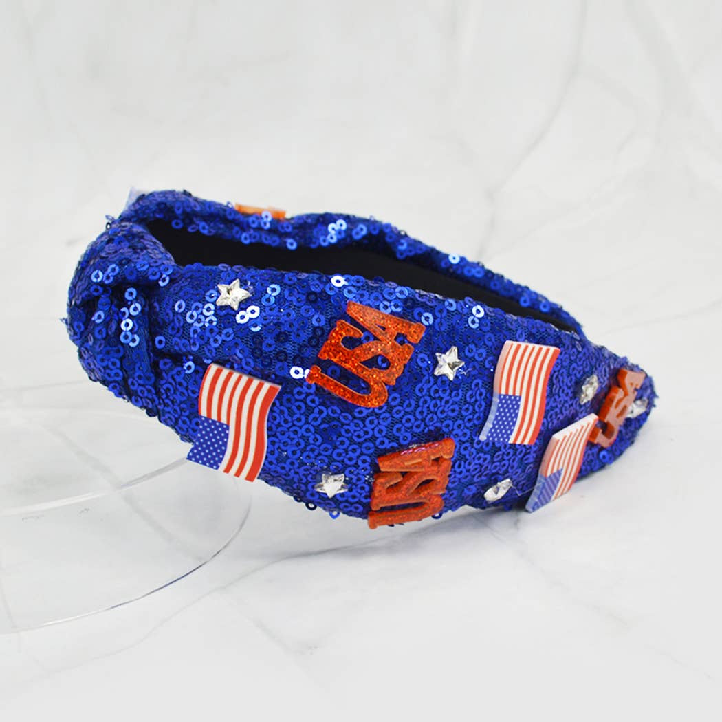 USA Letter and Flag Sequins Knotted Headband
