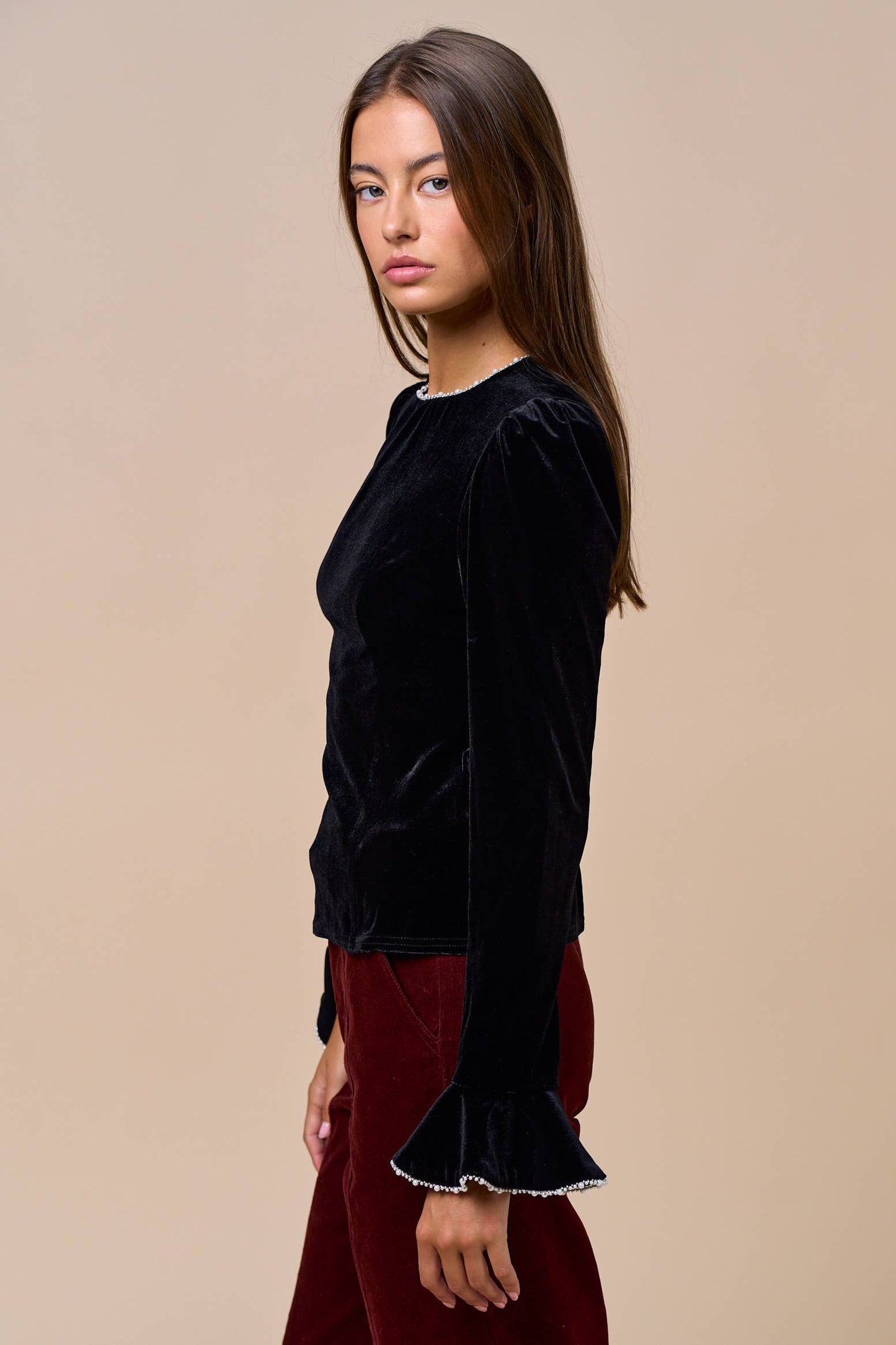 Velvet Touch Pearl Trim Long Sleeve Top