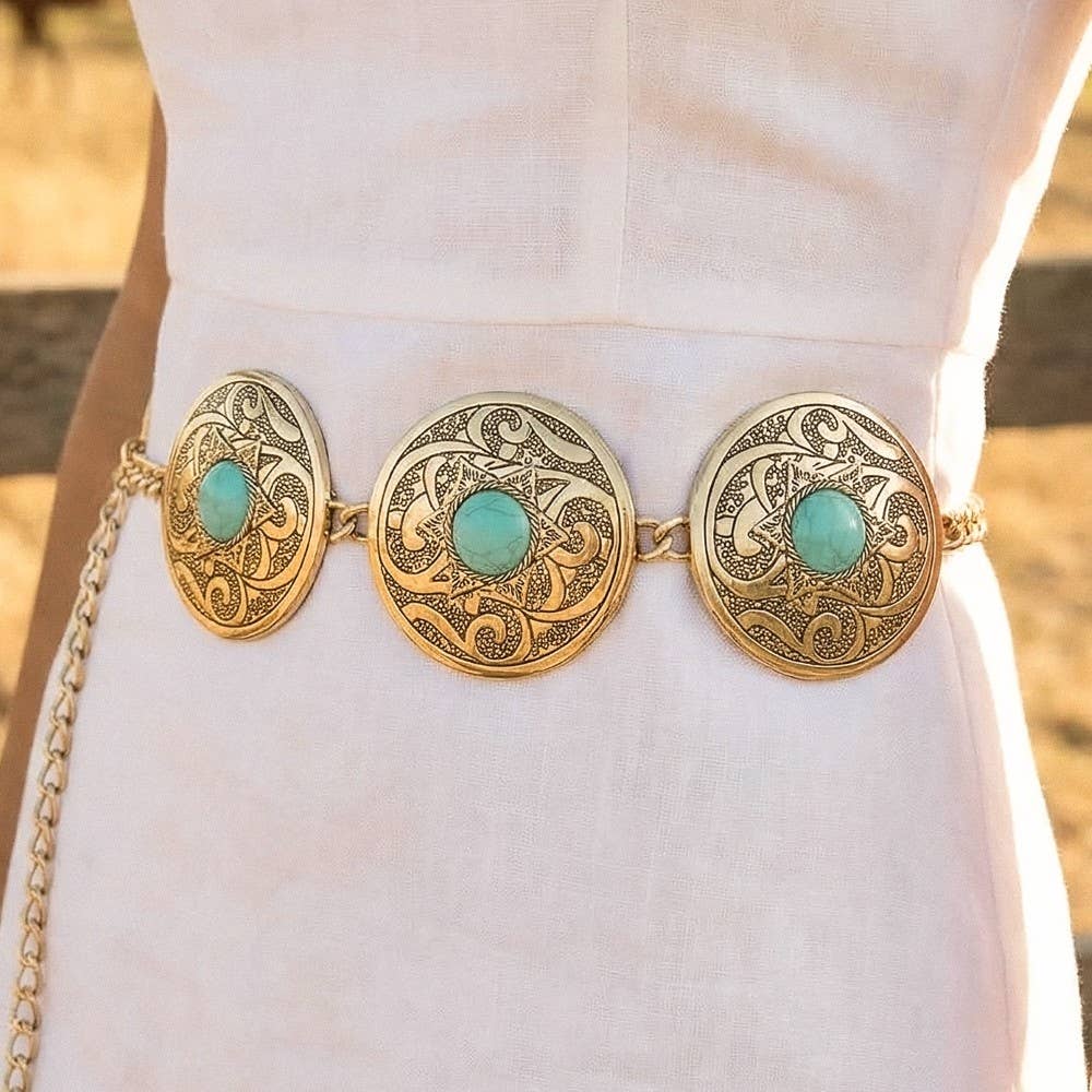 Stone Stud Western Engraved Disc Chain Belt