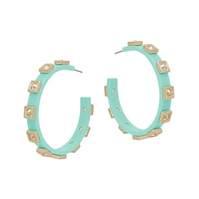 A pair of teal hoops with gold rhinestones throughout.