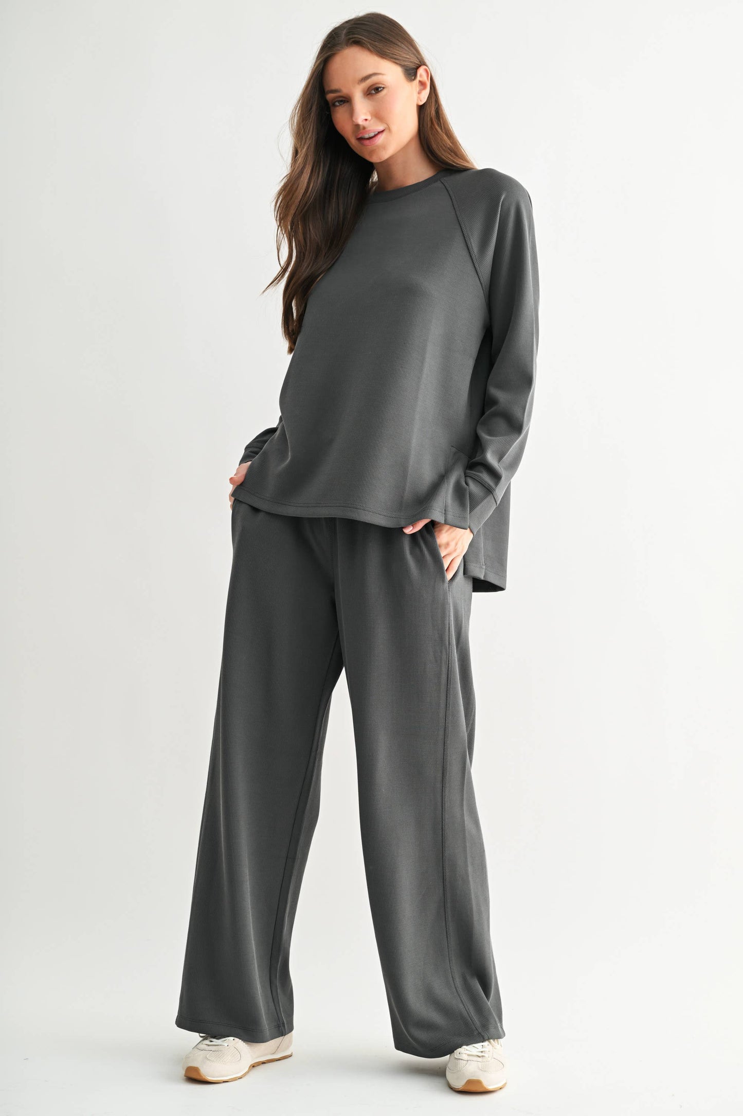 Luxe Sand Wash Rib Wide-Leg Pants