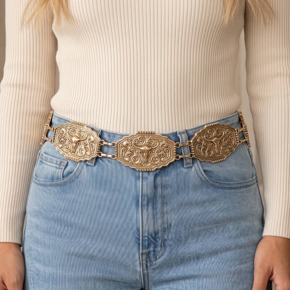 Longhorn Steer Filigree Concho Chain Belt