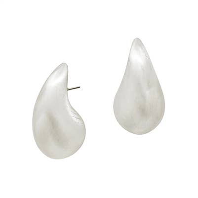 A pair of matte silver teardrop earrings.
