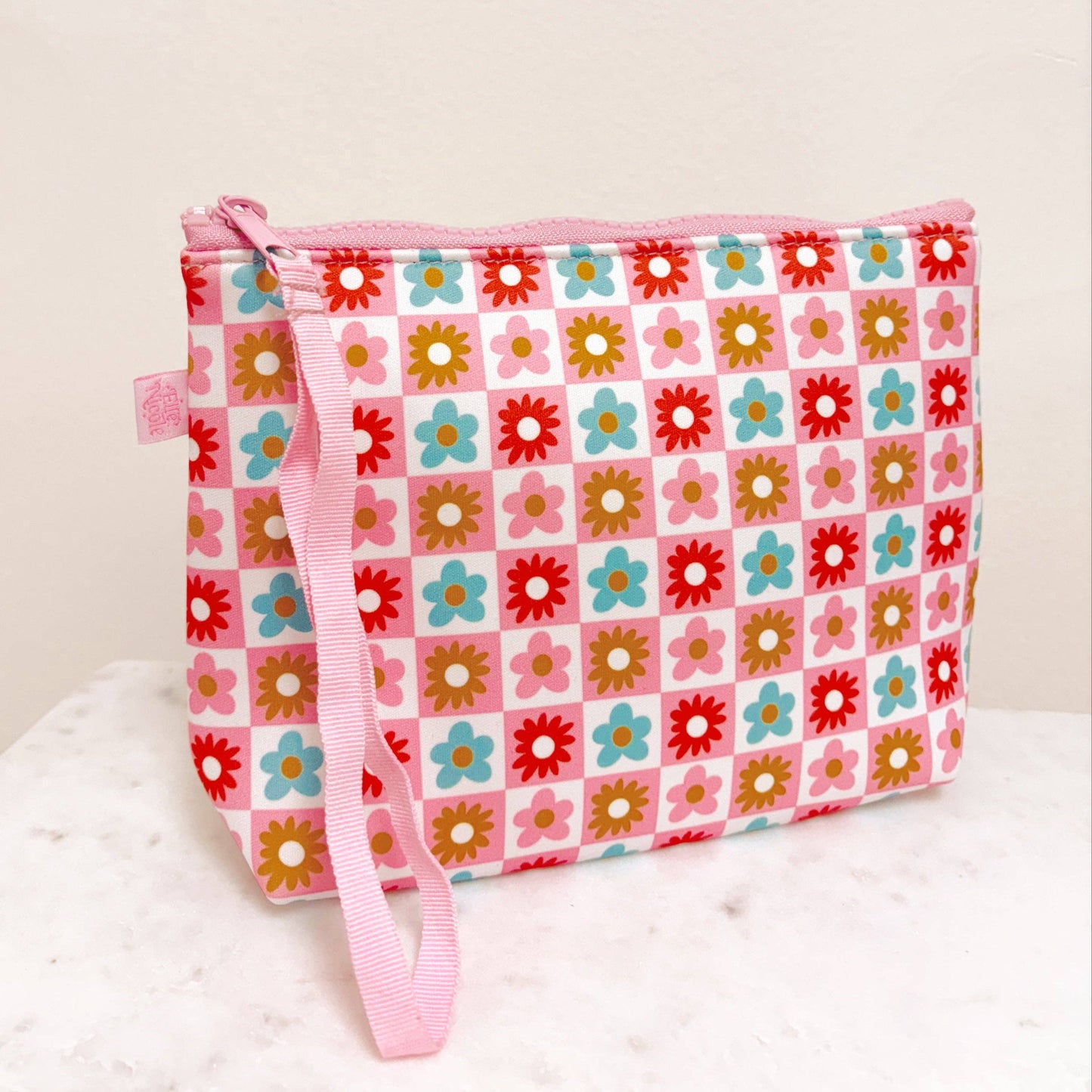 Cosmetic Bag With Wrist Strap - Checkered Floral