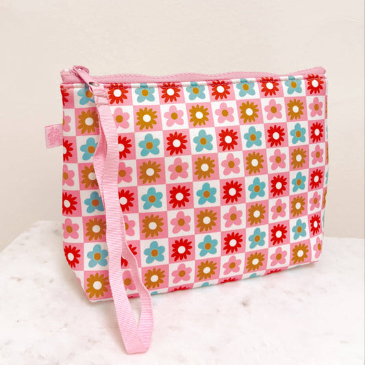 Cosmetic Bag With Wrist Strap - Checkered Floral