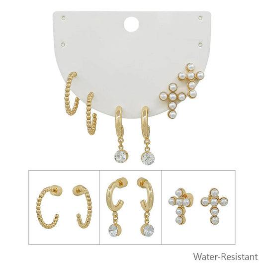 Water Resistant Set of 3 Gold Huggie Hoop, Crystal, and Beaded Cross Stud