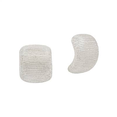 A pair of silver chunky curved studs with a shiny ribbed texture.