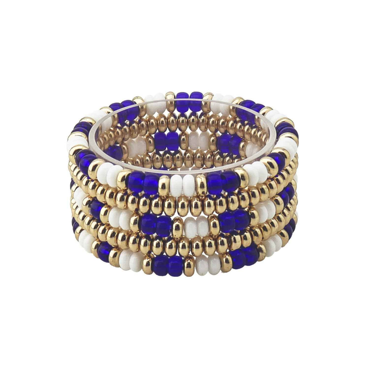 Blue and White Beaded with Gold Set of 4 Stretch Bracelets