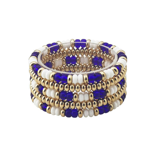 Blue and White Beaded with Gold Set of 4 Stretch Bracelets