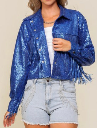 A cropped royal blue jacket with sequins and fringe detailing.