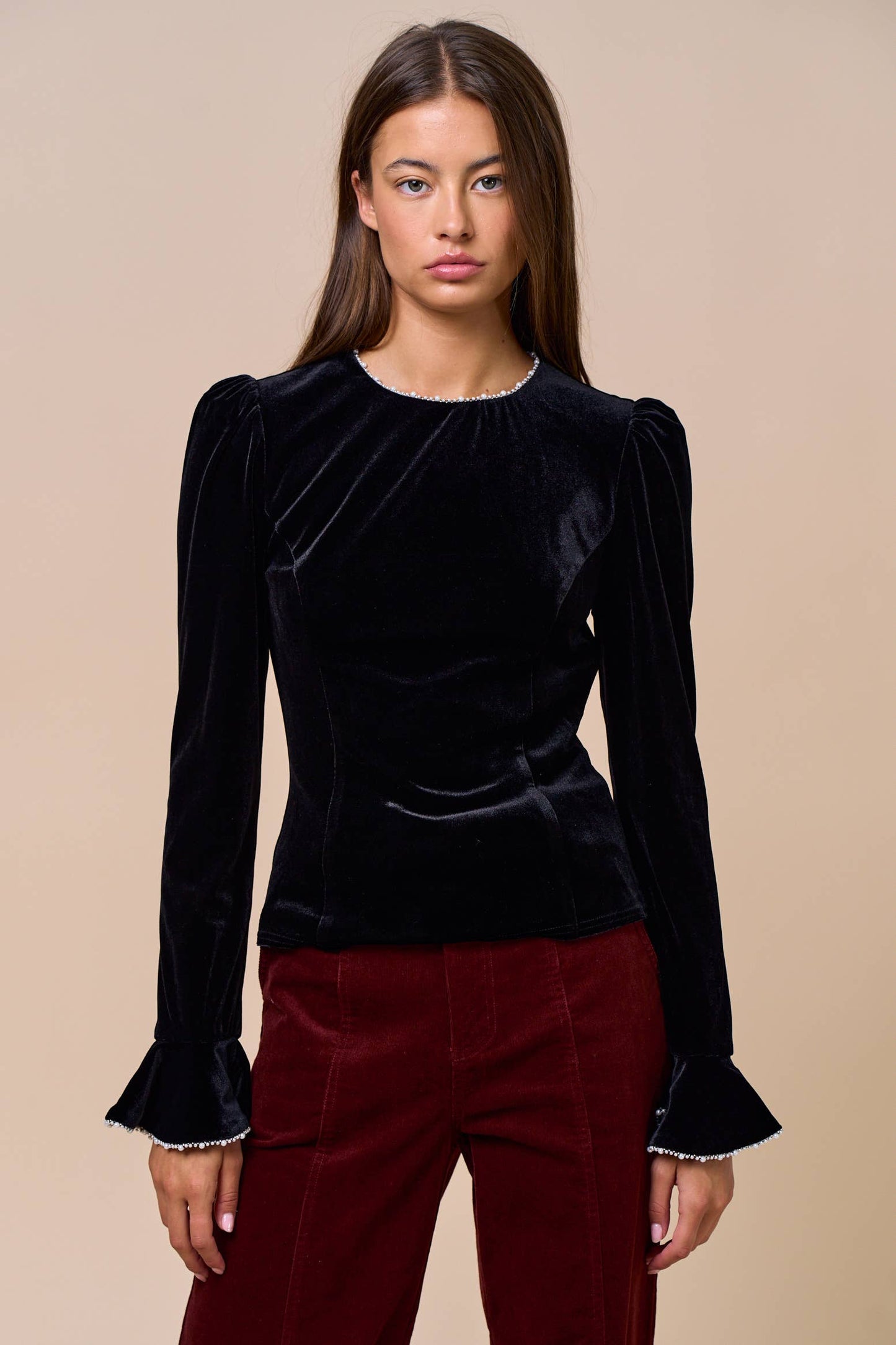 Velvet Touch Pearl Trim Long Sleeve Top