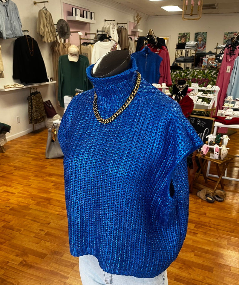 Royal Blue Metallic Turtleneck Sleeveless Sweater