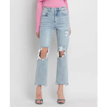 90'S SUPER HIGH RISE DISTRESSED DAD JEANS-VERVET by FLYING MONKEY