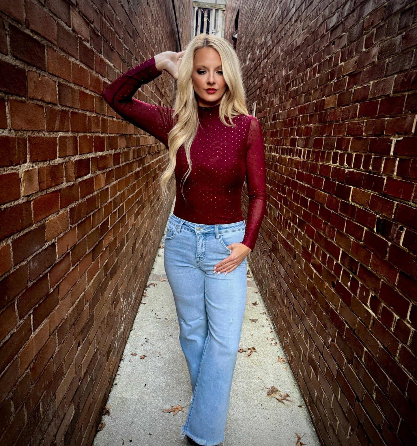 Embellished Mesh Mock Neck Top