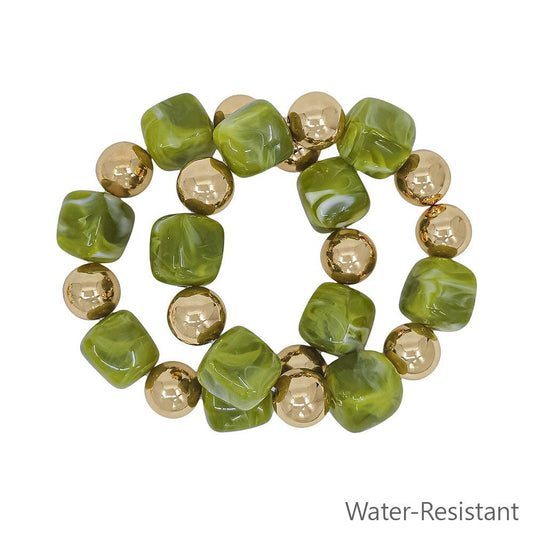 Water Resistant Set of 2 Gold and Olive Green 16mm and 14mm Stretch Bracelets