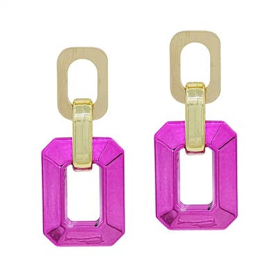 A pair of gold and magenta chainlink dangling earrings. 