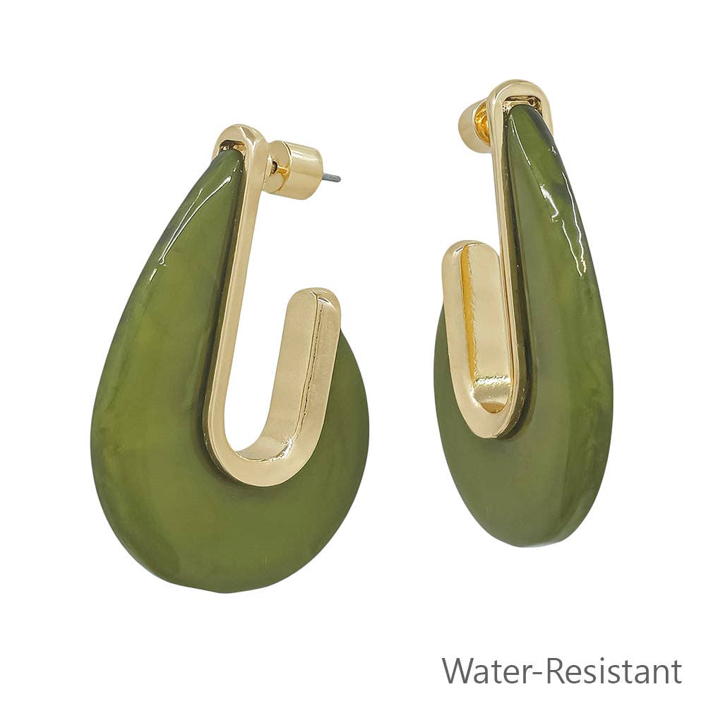 Water Resistant Olive Green Acrylic and Gold Teardrop 2" Earring