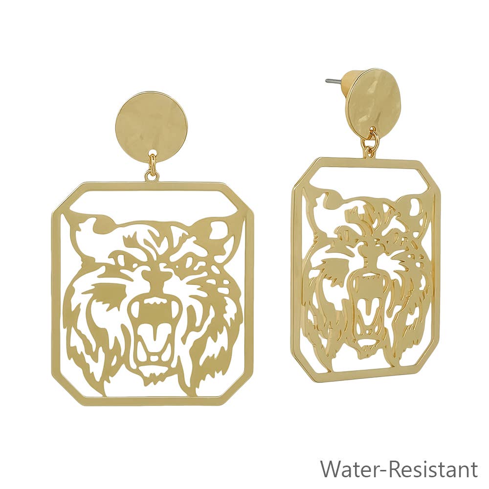 Gold Open Cut out Wildcat with Circle Post 2" Earring