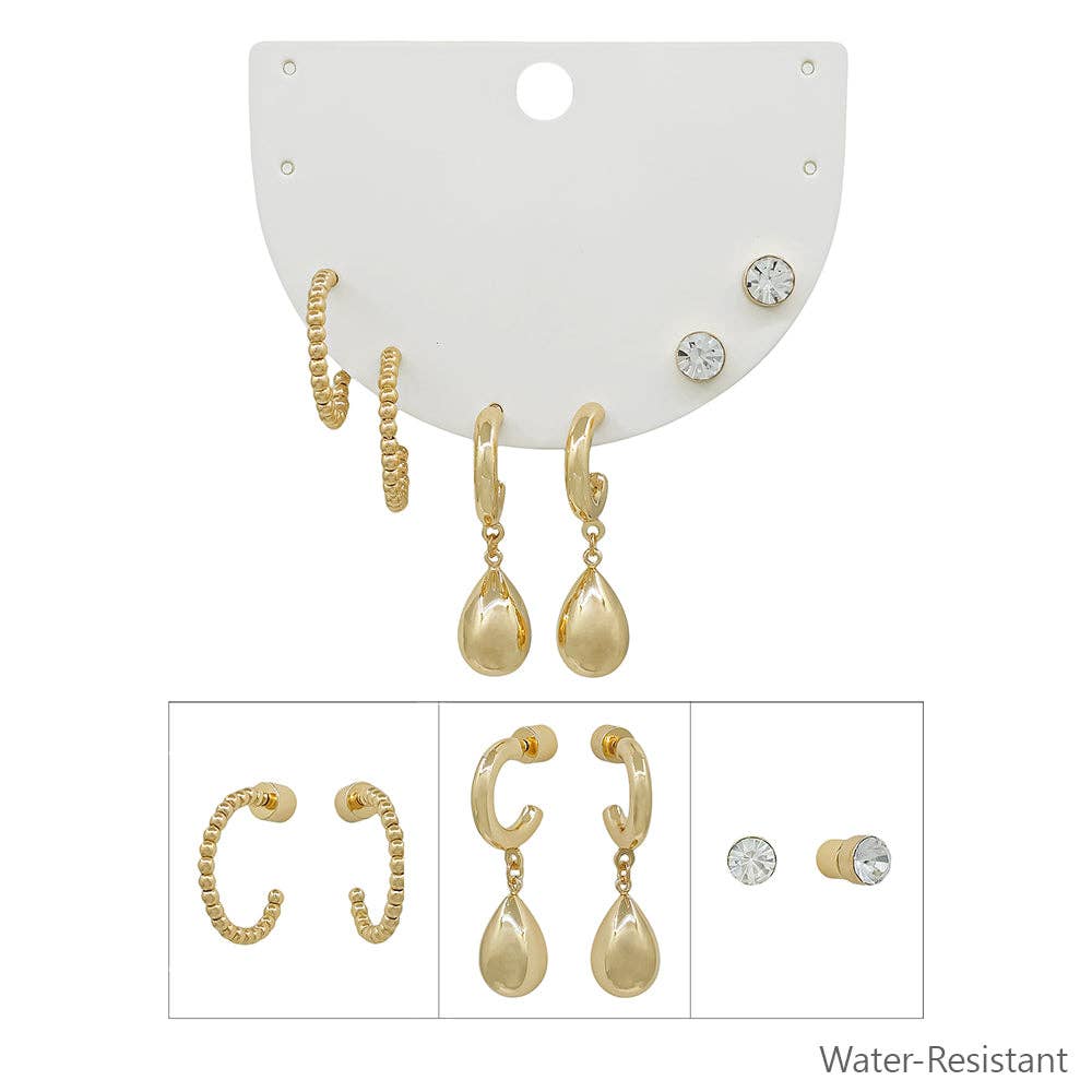 Water Resistant Set of 3 Gold Huggie Hoop, Crystal Stud, and Teardrop Hoop Earring