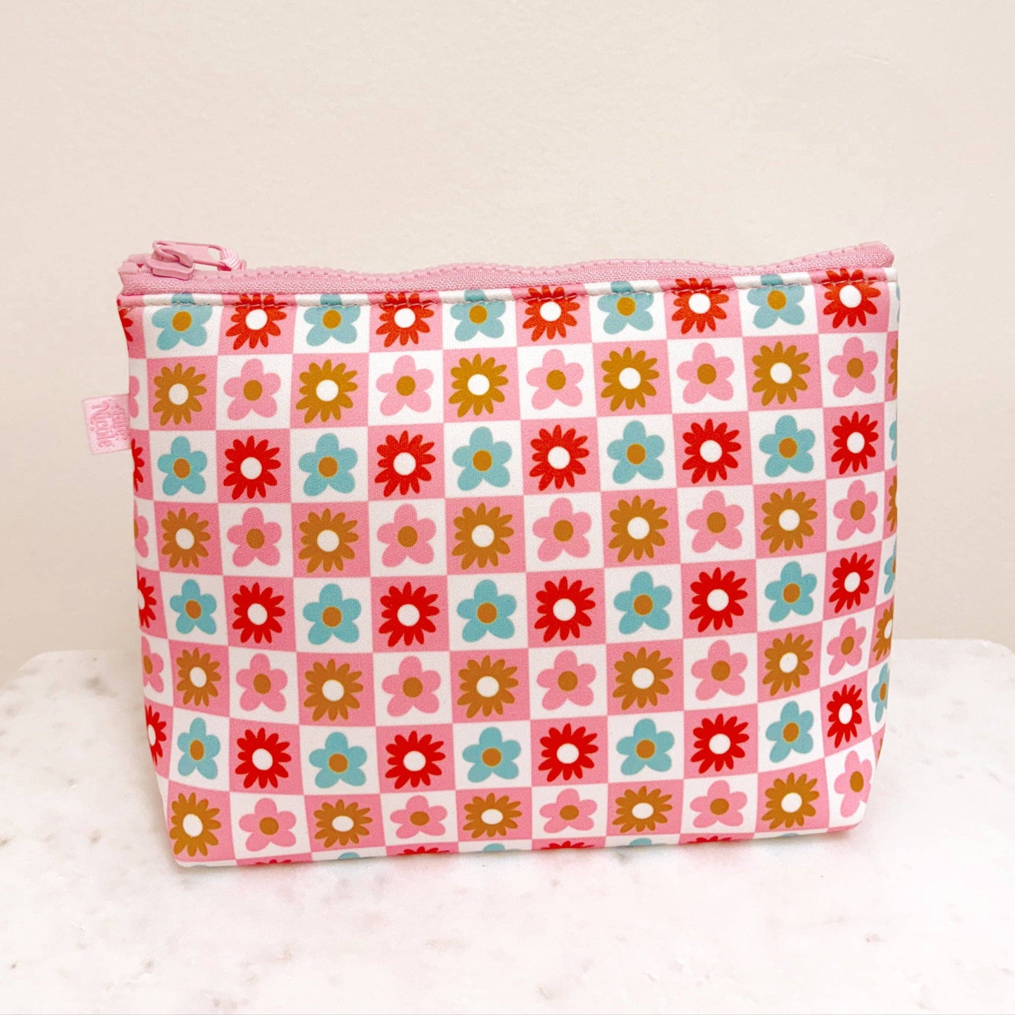 Cosmetic Bag With Wrist Strap - Checkered Floral