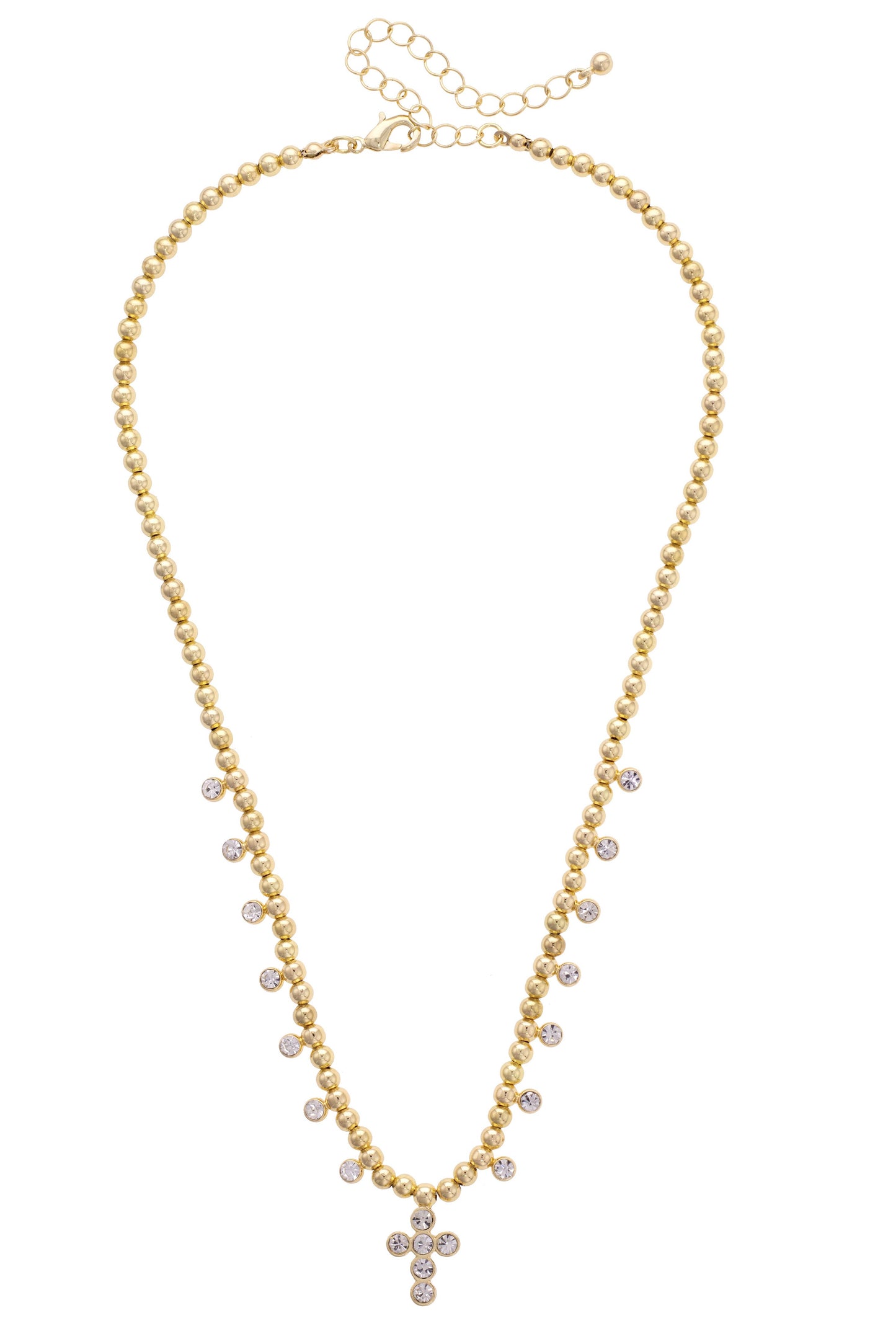 Elizabeth Pave Cross Ball Bead Necklace in Shiny Gold