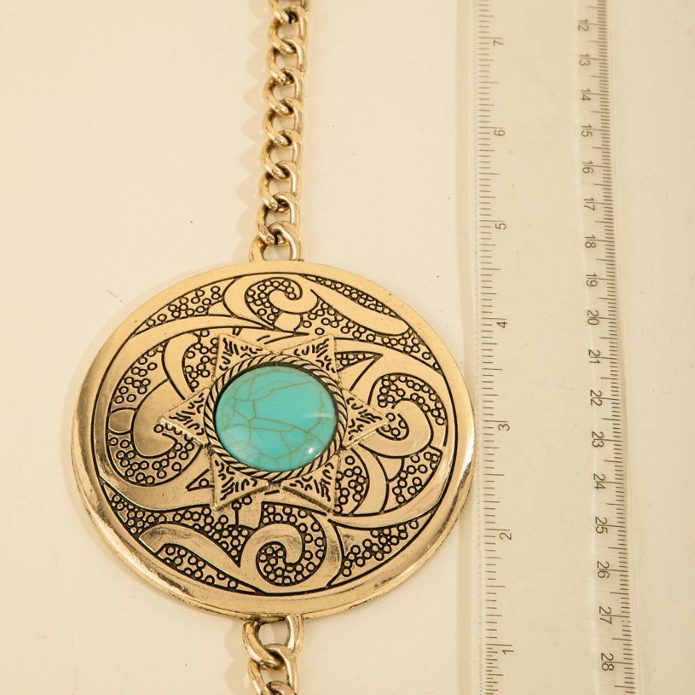 Stone Stud Western Engraved Disc Chain Belt