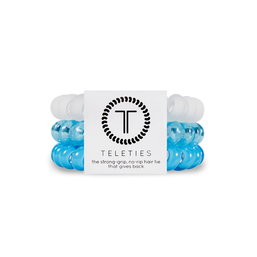 A pack of 3 springy, no-pull, rubber hair ties in the colors white and bright blue.