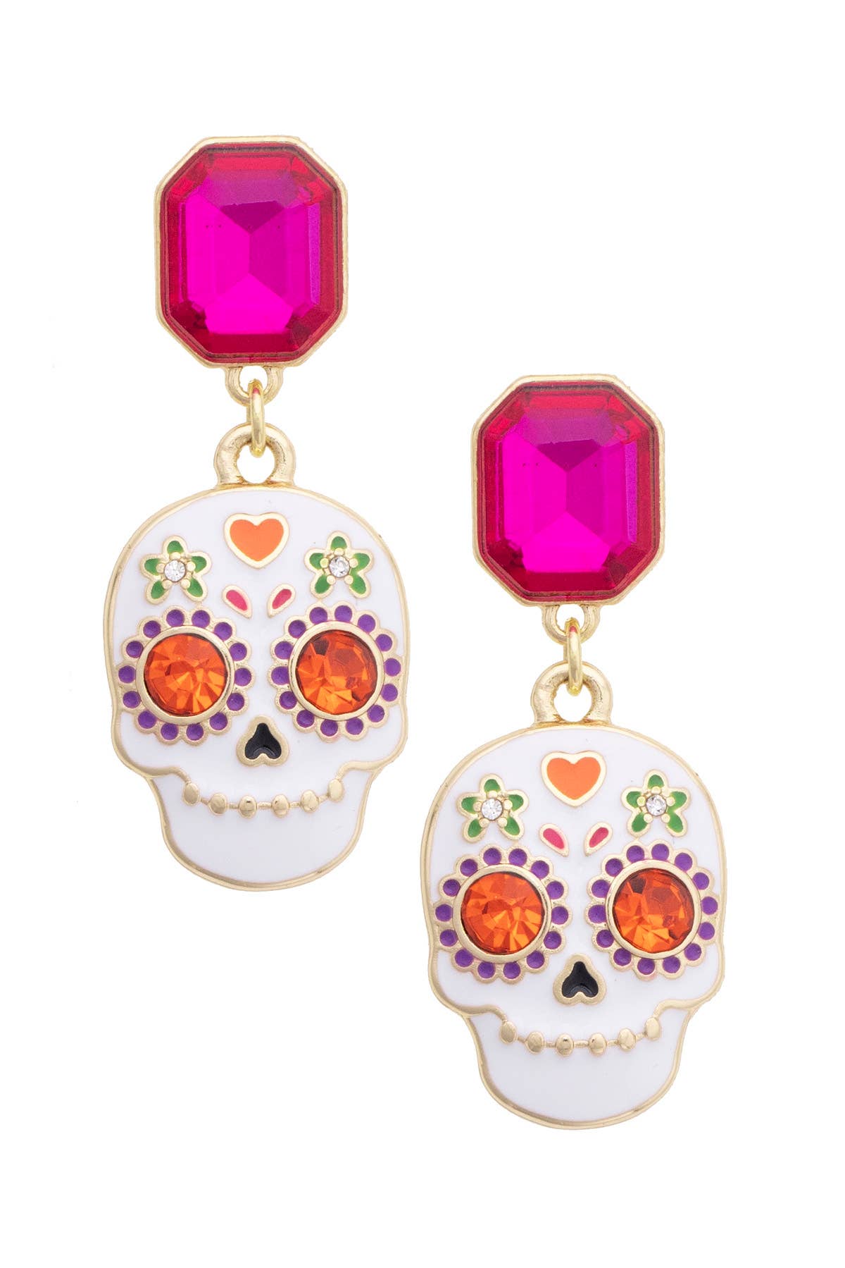 Sugar Skull Enamel Drop Earrings in Fuchsia & White