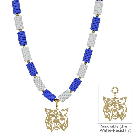 Water Resistant Blue and White Beaded with Removable Wildcat Charm 16"-18" Necklace