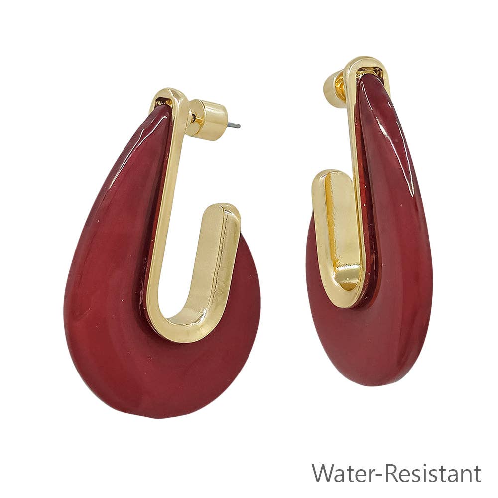 Water Resistant Maroon Acrylic and Gold Teardrop 2" Earring