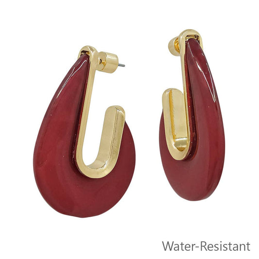Water Resistant Maroon Acrylic and Gold Teardrop 2" Earring