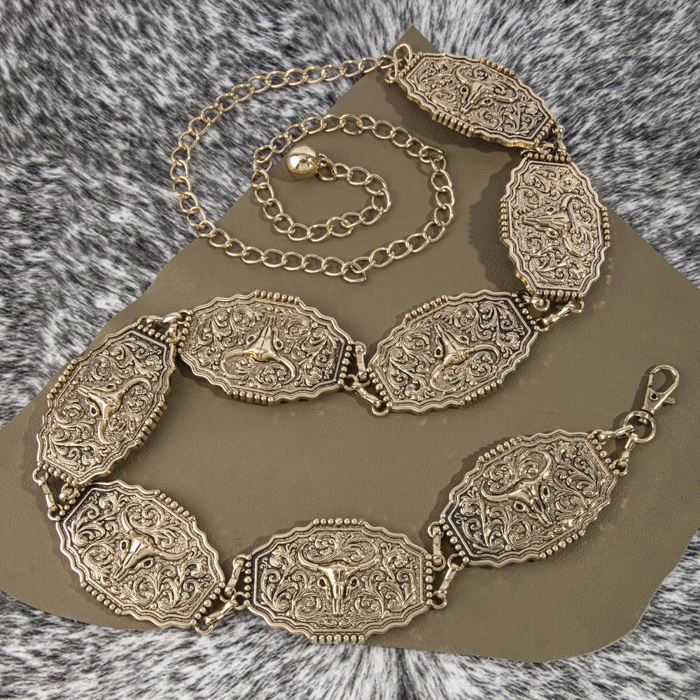 Longhorn Steer Filigree Concho Chain Belt