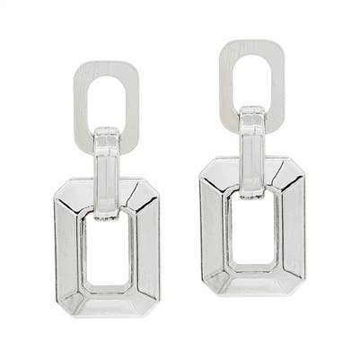 A pair of silver metallic rectangle chain earrings. 