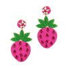 A large pair of beaded earrings in the shape of pink and green strawberries.