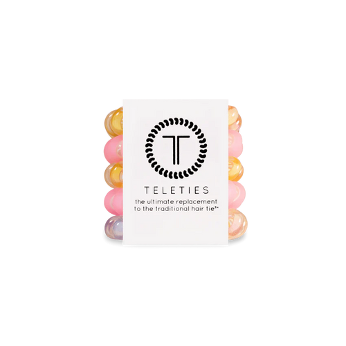 A pack of 5 small springy, no-pull, rubber hair ties in the colors pink and yellow.