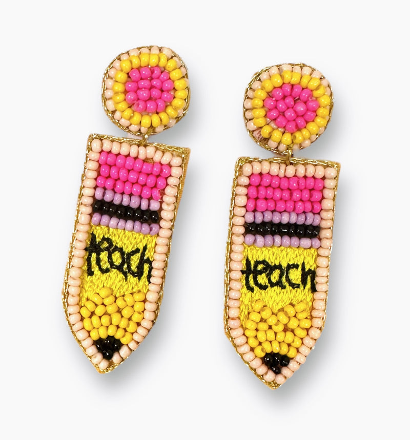 A pair of beaded dangling earrings in the shape of a yellow and pink pencil. 
