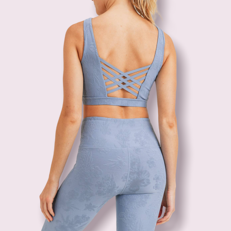 A blue-gray strappy back sports bra with a lace texture throughout.